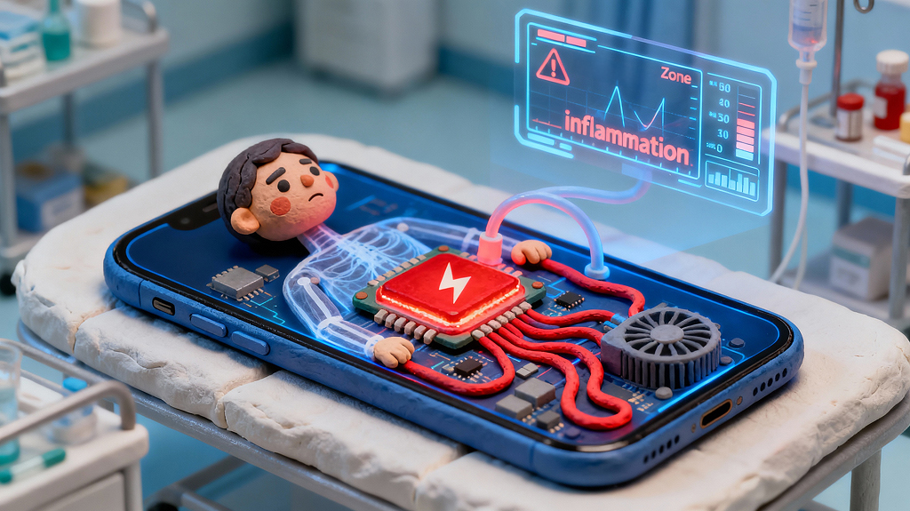 A digital human diagram displayed on a futuristic medical device screen showing circulatory and nervous system analysis.