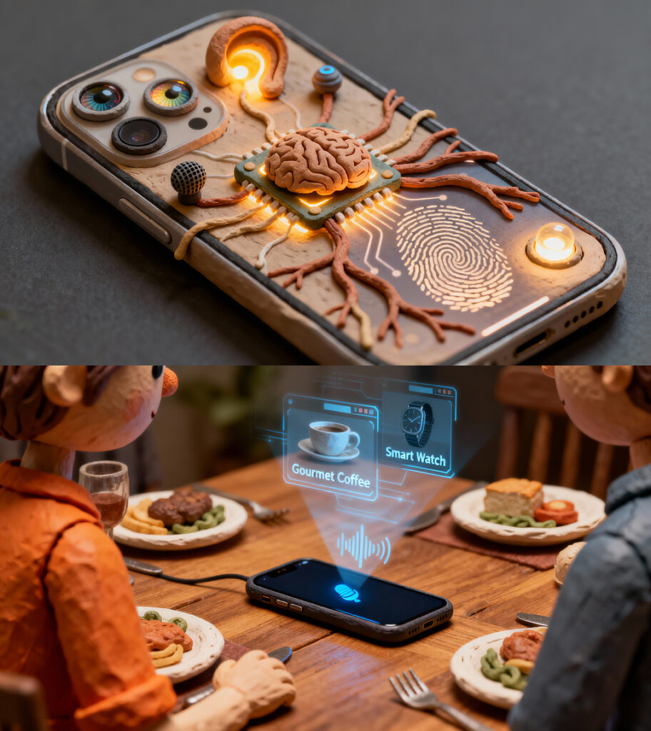 Smartphone with organic veins and biological tissue elements showing how AI devices mirror living organisms in 2025