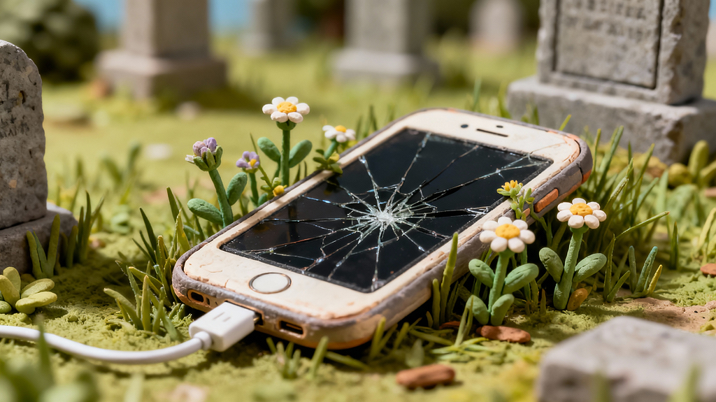 Dead smartphone in nature with wildflowers symbolizing device lifecycle, mortality, and future of human-technology symbiosis