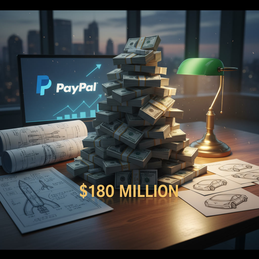 Stacks of US dollar bills arranged like building blocks on a desk with PayPal logo visible, displaying text '$180 MILLION' in gold lettering, with a laptop and coffee cup in the background
