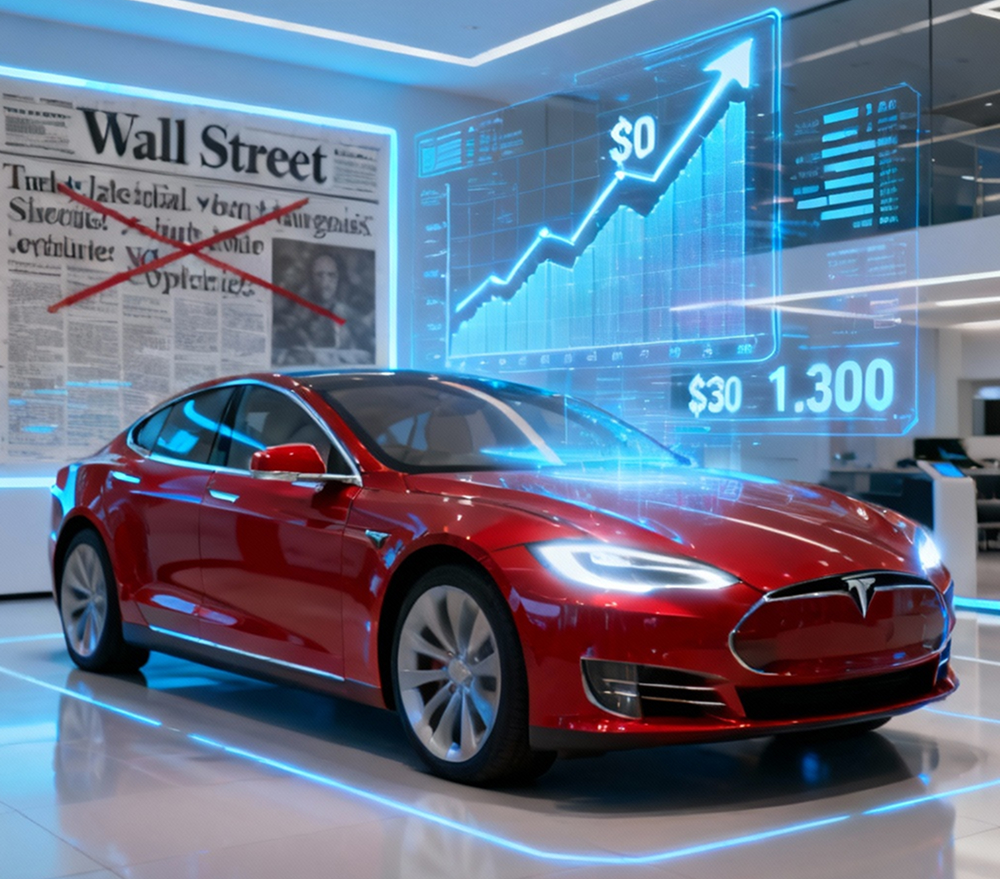 Red Tesla electric vehicle displayed in showroom with digital stock market graphics overlay showing upward trending chart reaching $1,300, and Wall Street Journal newspaper visible in background