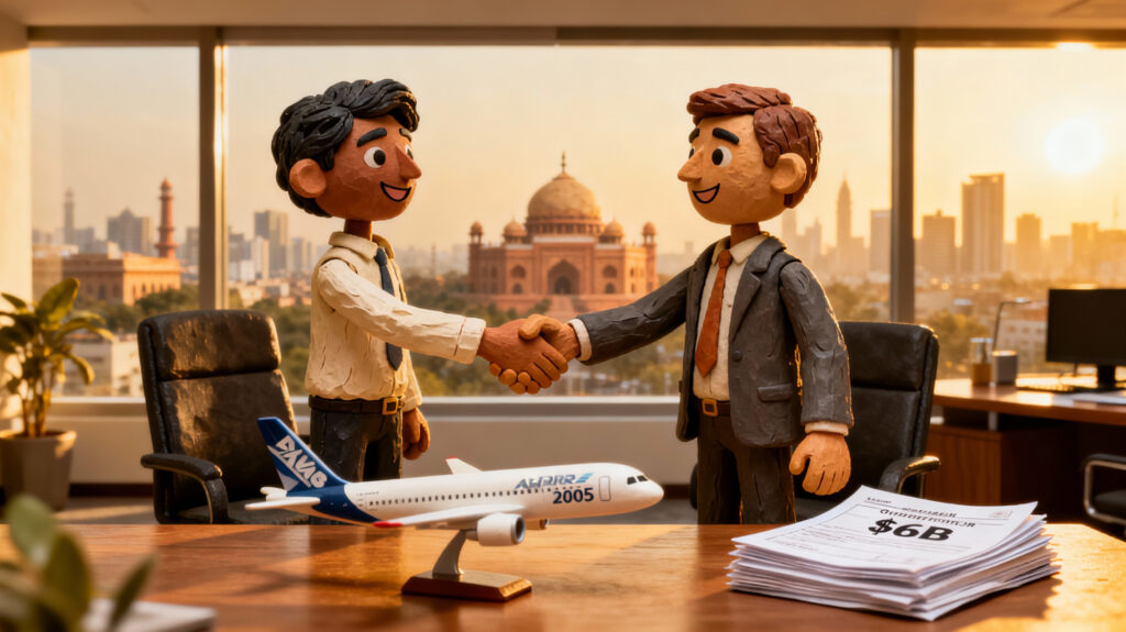 Hand‑sculpted claymation scene of two Indian entrepreneurs shaking hands in a modern Delhi office with an Airbus A320 model and contract papers.