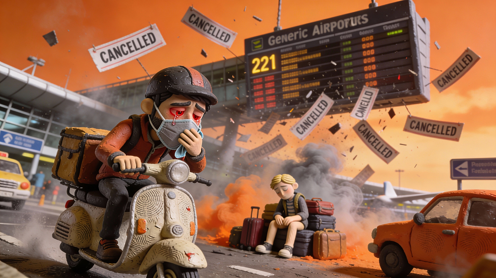 Delivery rider and travellers in smog at Anand Vihar