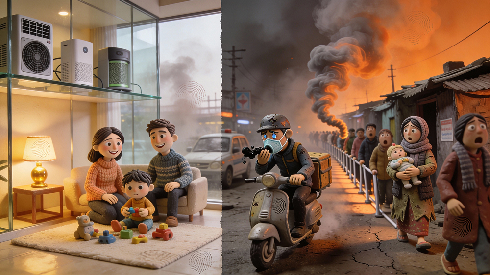 Rich family in purified home and poor worker in toxic air