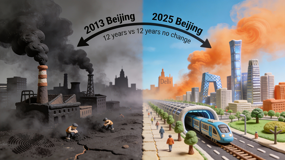 Beijing’s cleaner sky compared with smoggy Delhi skyline