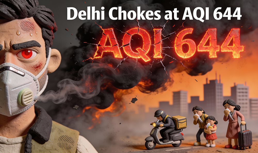 Delhi man in mask as AQI 644 smog engulfs city