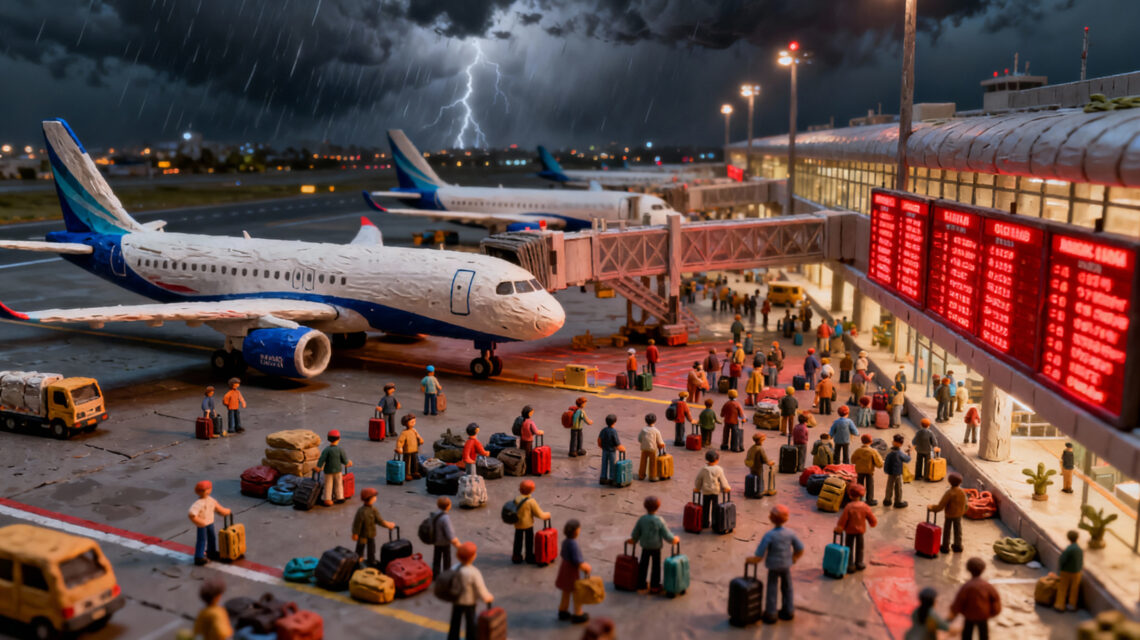 Claymation-style scene of IndiGo planes grounded at a stormy Indian airport with long passenger queues and red cancellation boards.