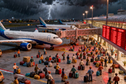Claymation-style scene of IndiGo planes grounded at a stormy Indian airport with long passenger queues and red cancellation boards.