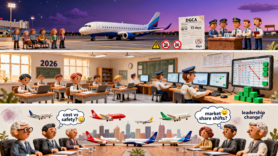 Airport scene with IndiGo planes, delayed flights board and news headlines about cancellations