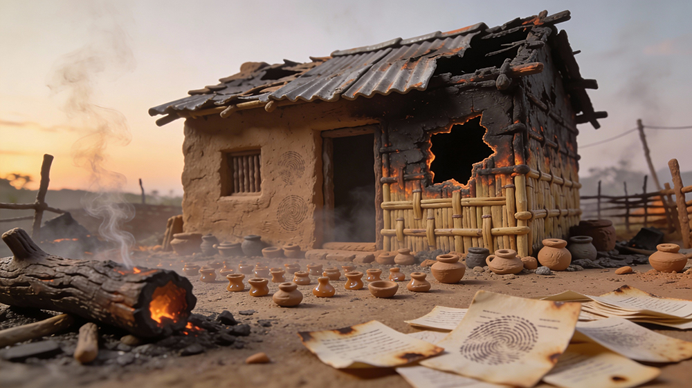 Burned Hindu home ruins Bangladesh December 2025 coordinated arson attacks locked door