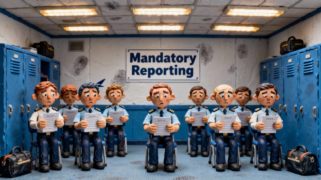 IndiGo pilots standing under a ‘Mandatory Manpower’ board, highlighting crew shortage and fatigue risks.