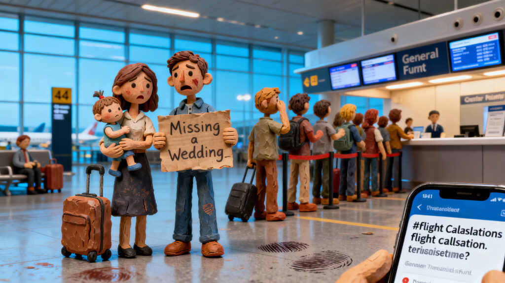 Family with luggage pleading at an IndiGo check‑in counter after flights are cancelled