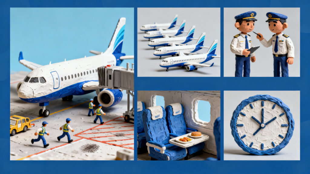 Claymation infographic of IndiGo’s low-cost business model showing quick turnaround, single Airbus fleet, no-frills cabin and high utilization clock.