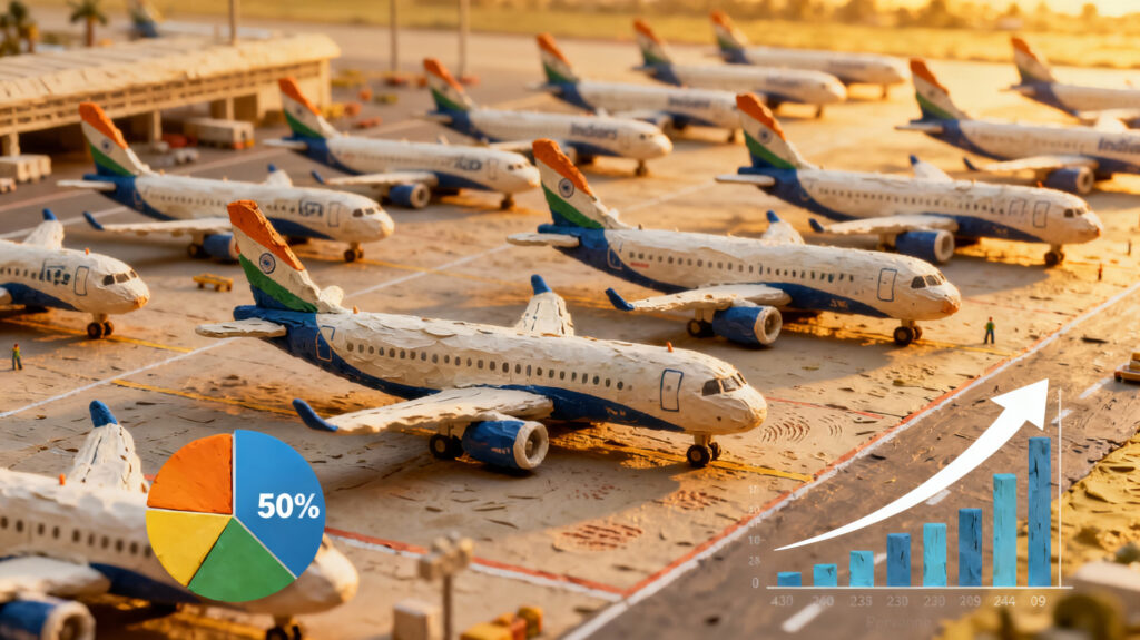 Claymation scene of a large IndiGo fleet parked at an airport apron with a market share pie chart and rising growth graph.