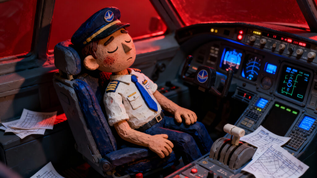 Claymation-style pilot sitting tired in an aircraft cockpit, symbolizing India’s new DGCA pilot fatigue rules introduced in January 2024.