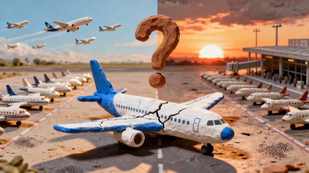 IndiGo aircraft on runway with a large question mark in the sky, symbolising uncertainty about the airline’s future