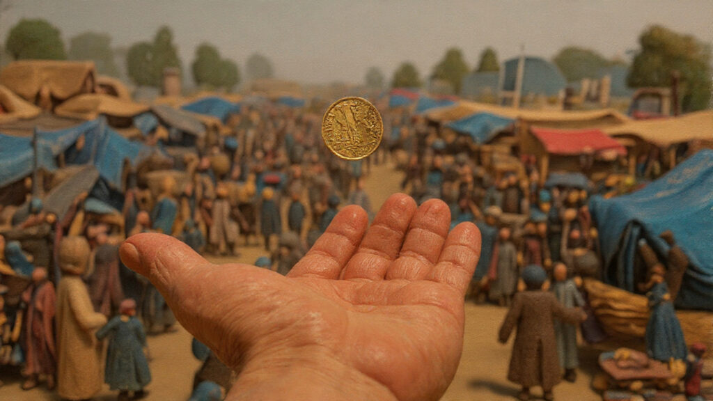 A single small coin in an empty hand against the backdrop of a struggling family.