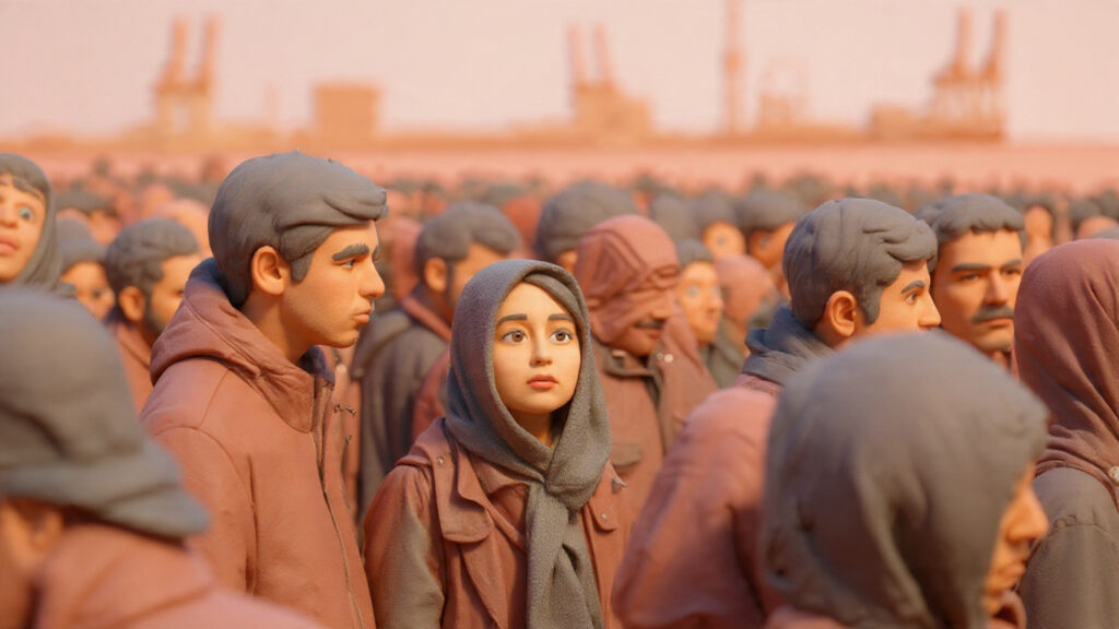 A group of diverse Iranian youth standing united, looking toward a bright, distant horizon.