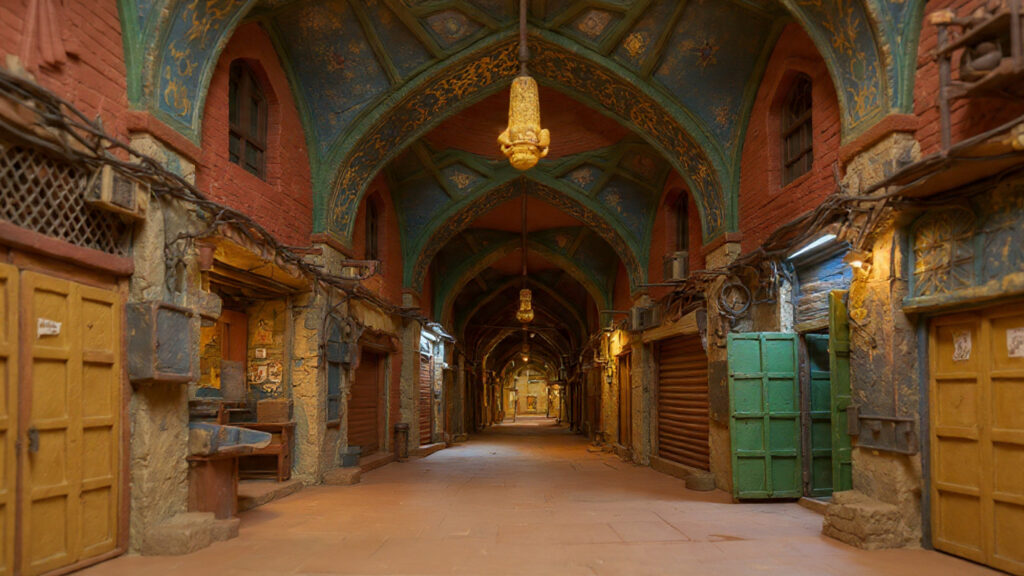 Shuttered and padlocked storefronts in the historic Grand Bazaar of Tehran during a general strike.