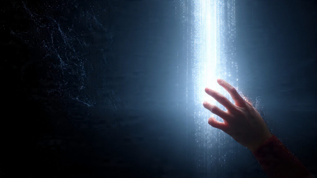 A subtle beam of light from space hitting a hidden Starlink dish on a dark Tehran rooftop.