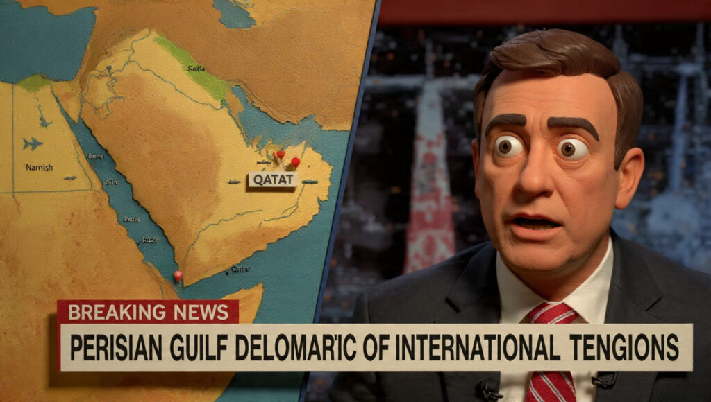 Digital news screen showing a map of the Persian Gulf and U.S. military assets in Qatar.