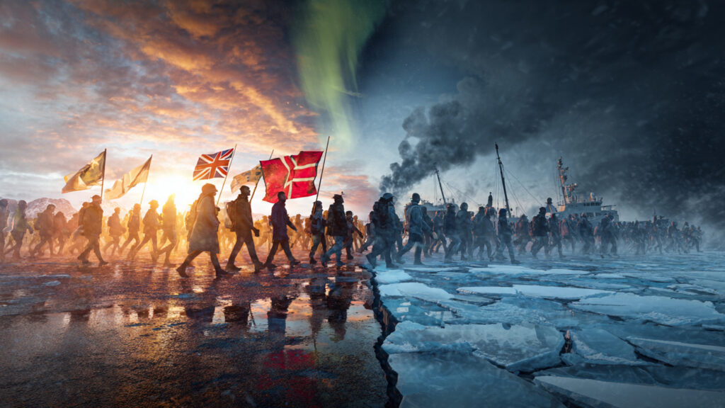 Split image showing Greenlandic protesters with flags under Northern Lights versus military power symbols over Arctic ice representing democratic principles versus raw power