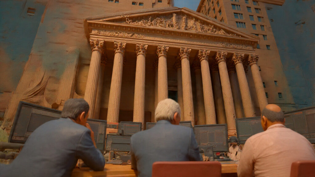Wall Street trading floor with declining stock charts and Supreme Court building representing economic legal crisis