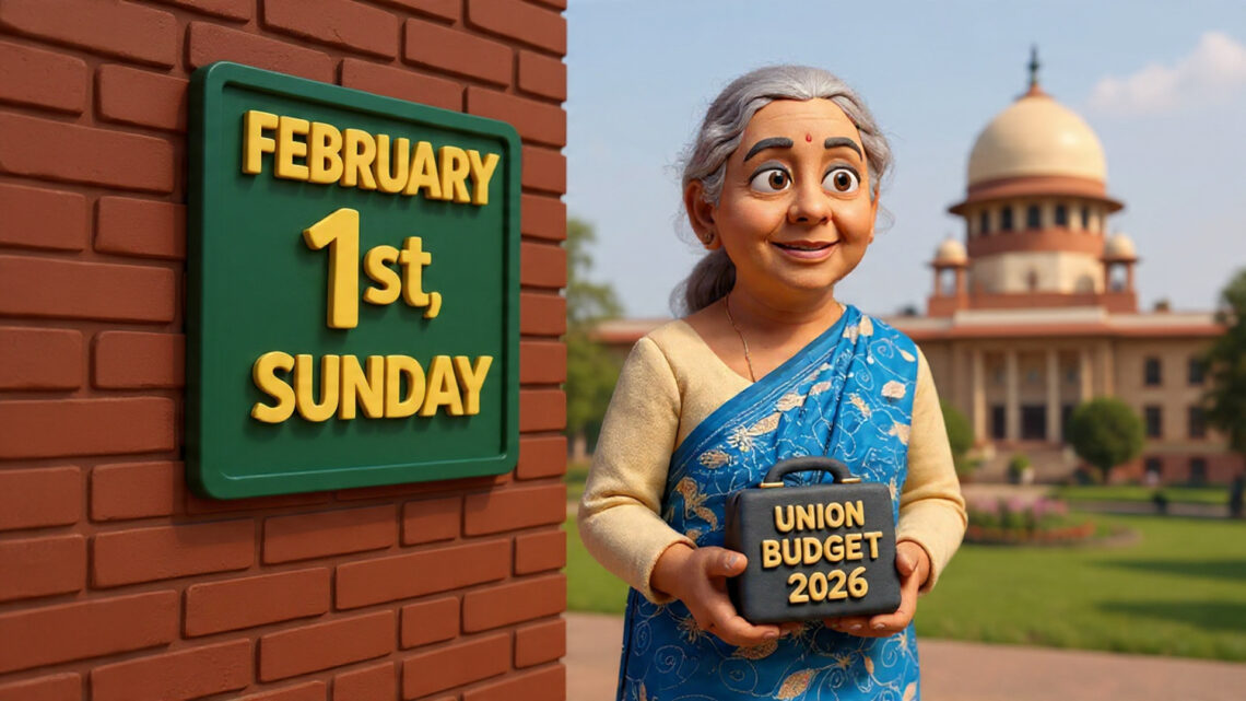 A claymation-style illustration of Finance Minister Nirmala Sitharaman holding the Budget 2026 briefcase next to a glowing Sunday calendar.