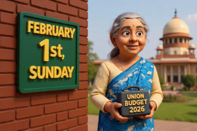 A claymation-style illustration of Finance Minister Nirmala Sitharaman holding the Budget 2026 briefcase next to a glowing Sunday calendar.
