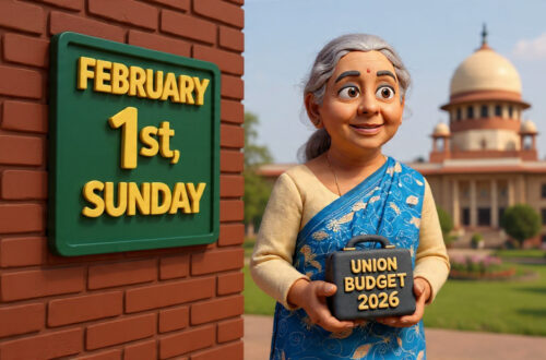 A claymation-style illustration of Finance Minister Nirmala Sitharaman holding the Budget 2026 briefcase next to a glowing Sunday calendar.