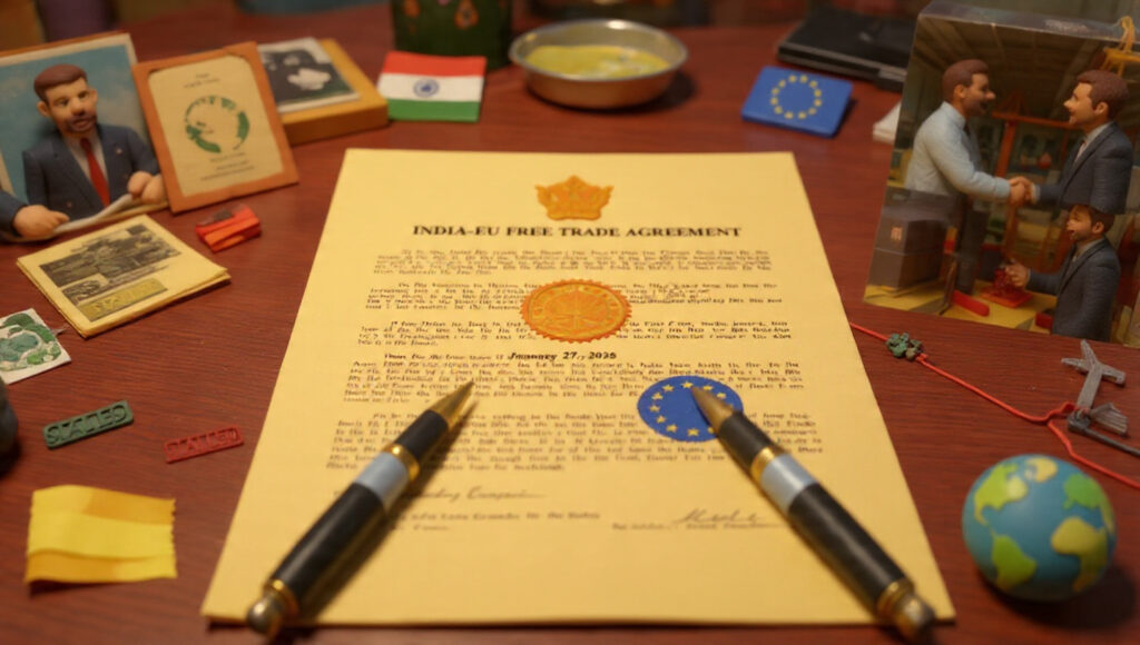 India EU trade agreement signed after 20 years of negotiations showing timeline from 2007 to 2026 breakthrough with professional mobility and factory symbols