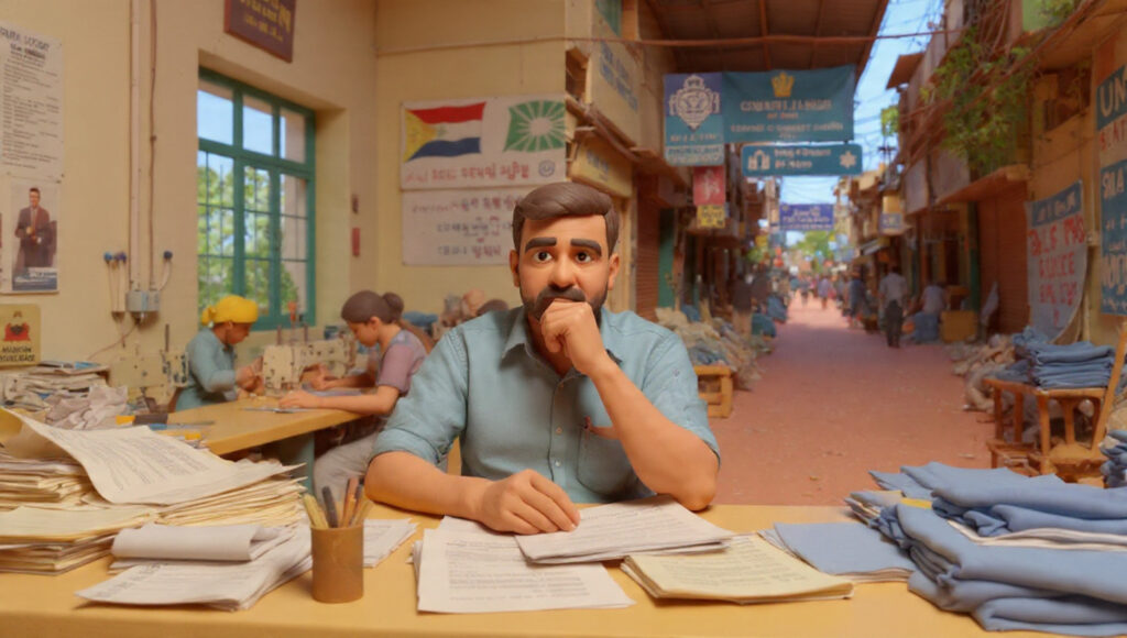 Small Indian textile exporter reviewing complex FTA documents inside a factory, symbolizing the gap between trade policy and real-world access