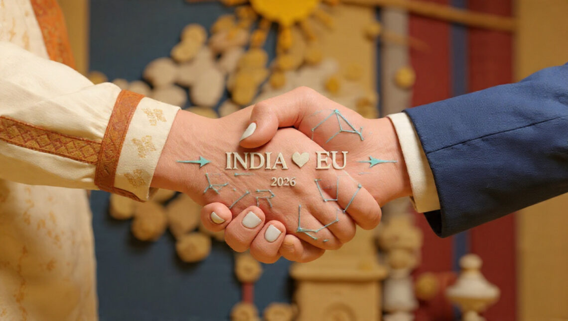 India and EU handshake symbolizing historic 2026 free trade agreement with cultural and industrial elements representing partnership