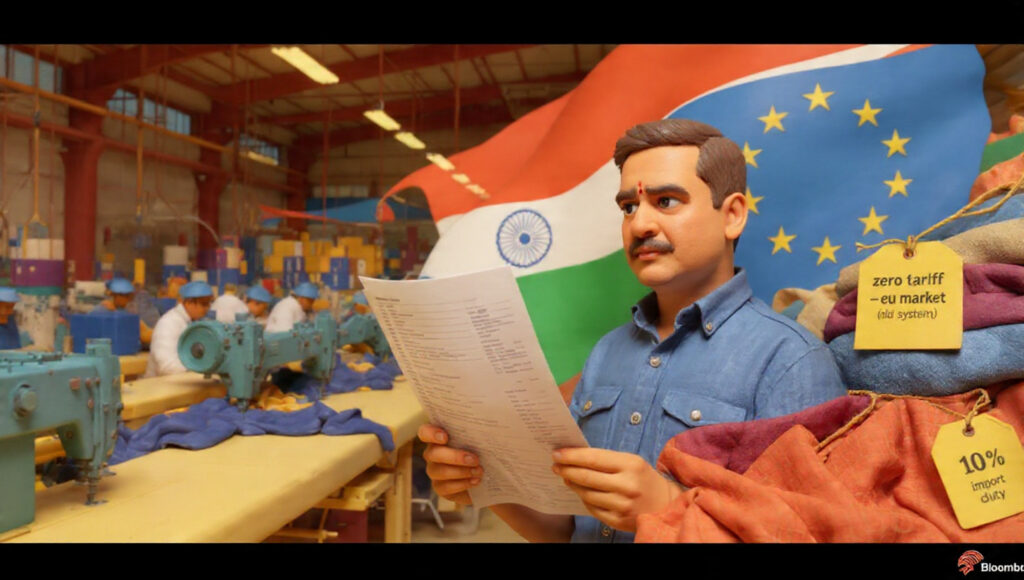 Indian textile exporter inside a Tiruppur garment factory reviewing EU export orders as zero-tariff access under the India–EU Free Trade Agreement boosts competitiveness