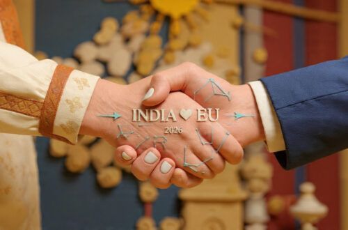 India and EU handshake symbolizing historic 2026 free trade agreement with cultural and industrial elements representing partnership